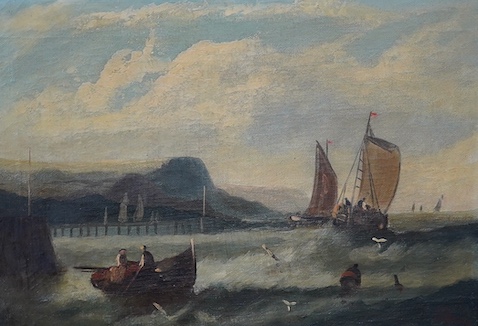 E. Byron, pair of oils on canvas, Fishing boats off the coast, 24 x 34cm. Condition - fair to good, would benefit from a clean